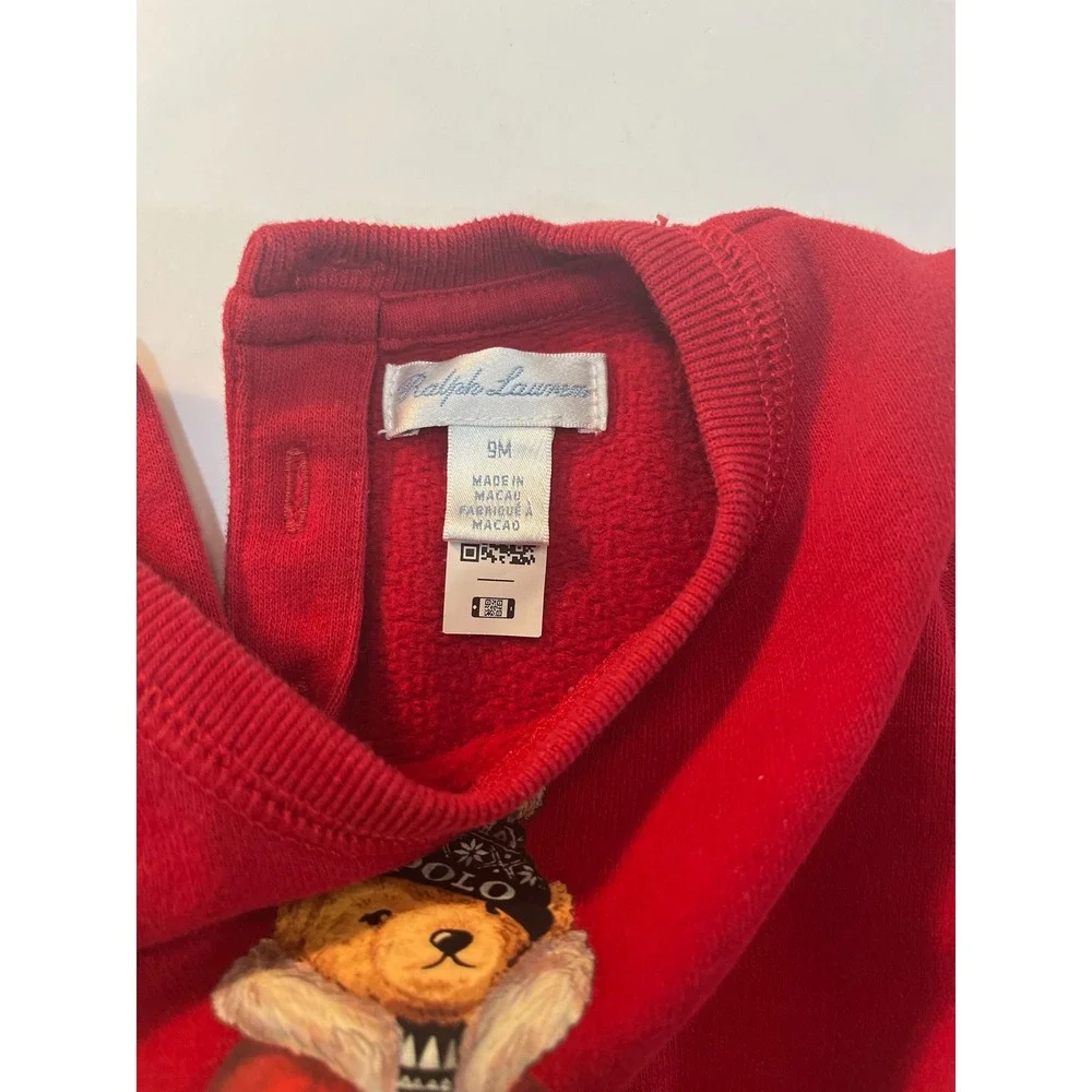 Ralph Lauren Polo Bear Fleece Dress Baby Girl 9M Red Long Sleeve‎ Prep Designer
